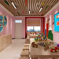 School Interior With Blue Beige Walls ROBTMAN Sign Wooden Tables And Stools