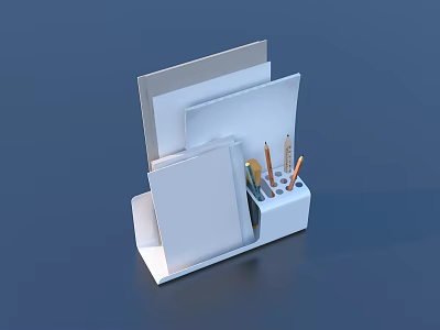 White Desk Organizer with Papers and Pencils for Home Office Use 3d model