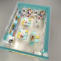 Blue and Yellow Educational Craft Store in Mall with Toy Shelves Tables and Chairs