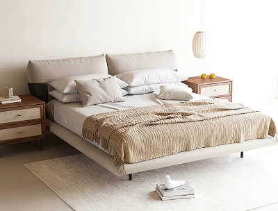Modern Double Bed with Beige Blanket Multiple Pillows Bedside Tables and Hanging Lamp 3d model