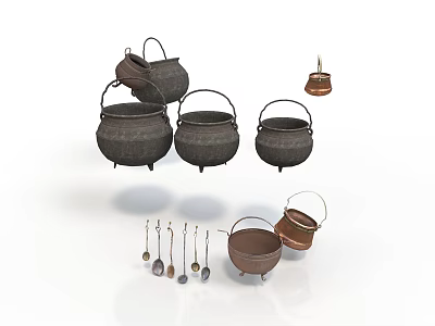 Traditional Metal Household Cooking Utensils Set Including Cauldrons Pots And Spoons 3d model