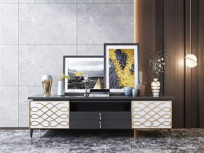 Modern TV Stand With Golden Lattice Design And Decorative Vases Framed Paintings Against Gray Marble Wall 3d model