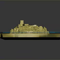 Yellow Island Model With Blue Wavy Base Mountains And Buildings