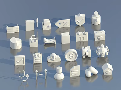White 3D Icons Collection With Various Symbols From Different Categories 3d model