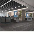Modern Public Office Space With Open Cubicles Numbered Signs Green Plants And Ceiling Lighting