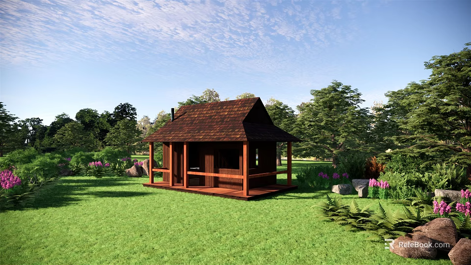 Wooden Cabin in Lush Green Lawn Surrounded by Trees and Blue Sky 3d model 