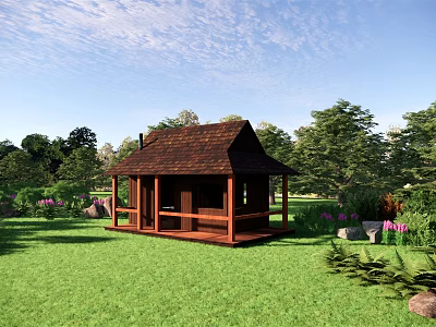 Wooden Cabin in Lush Green Lawn Surrounded by Trees and Blue Sky 3d model