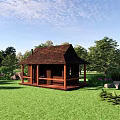 Wooden Cabin in Lush Green Lawn Surrounded by Trees and Blue Sky