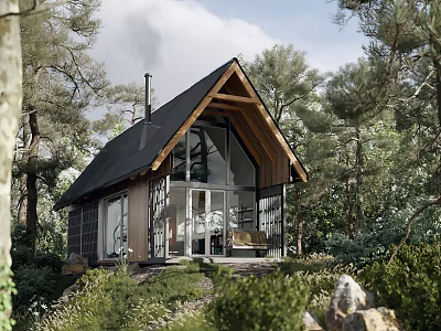 Detached Villa With Black Gabled Roof And Wood Glass Exterior In Wooded Area 3d model