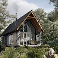 Detached Villa With Black Gabled Roof And Wood Glass Exterior In Wooded Area