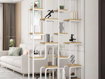 Modern Display Shelf with Wooden Shelves White Frame Green Plants and Decorative Sculptures 3d model