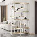 Modern Display Shelf with Wooden Shelves White Frame Green Plants and Decorative Sculptures