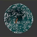 Blue Whirlpool Water Waves With Small Boat In Center And Red Object