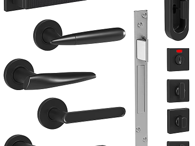 Modern Black Door Handles With Various Lock Sets And Hardware Components 3d model