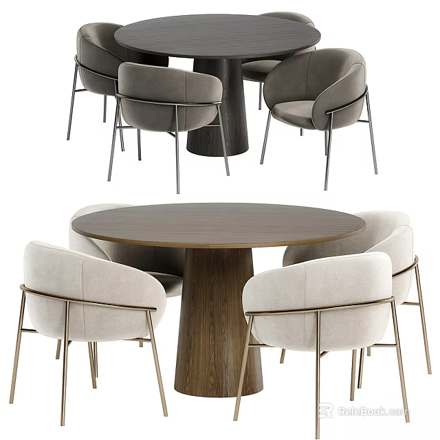 Modern Dining Table Set with Round Wooden Top and Upholstered Metal Leg Chairs 3d model 