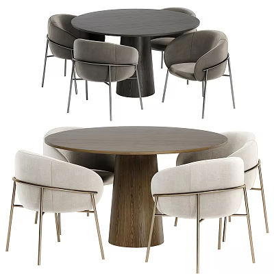 Modern Dining Table Set with Round Wooden Top and Upholstered Metal Leg Chairs 3d model