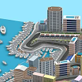Urban Waterfront Cityscape Featuring Tall Modern Buildings and Moored Yachts