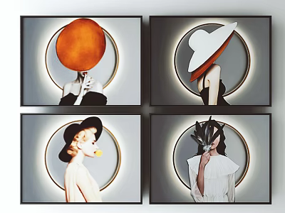 Four Decorative Portrait Paintings With Hats And Circular Halos For Wall Art 3d model