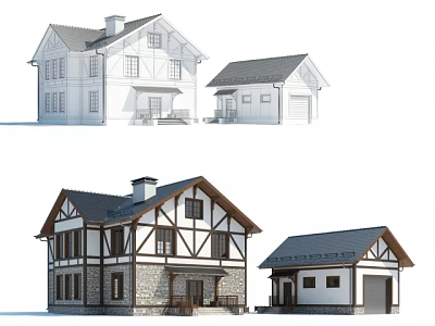 Two Story Detached Villa With Gabled Roof Stone Walls Wooden Frame And Garage 3d model