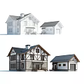 Two Story Detached Villa With Gabled Roof Stone Walls Wooden Frame And Garage