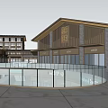 Modern Commercial Complex Featuring Glass Curtain Wall Large Digital Screen And Traditional Style Annex Building
