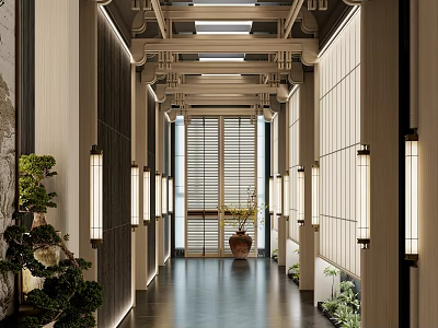 Spacious Modern Corridor With Wooden Elements Shoji Doors And Lighting Fixtures 3d model