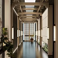 Spacious Modern Corridor With Wooden Elements Shoji Doors And Lighting Fixtures