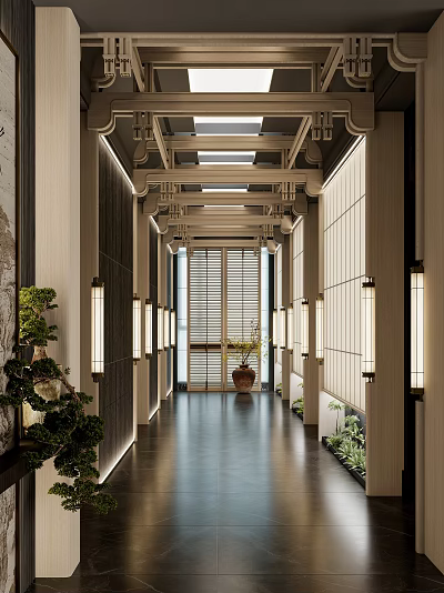 Spacious Modern Corridor With Wooden Elements Shoji Doors And Lighting Fixtures 3d model