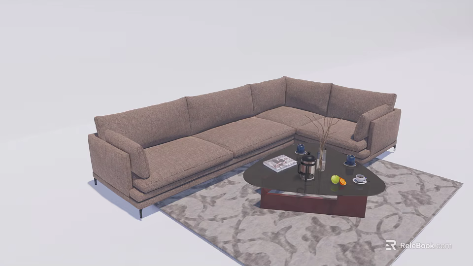 Comfortable Brown Sectional Sofa With Coffee Table Magazines Fruits And Patterned Rug 3d model