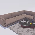 Comfortable Brown Sectional Sofa With Coffee Table Magazines Fruits And Patterned Rug 3d model