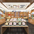 Specialty Store Interior With Displayed Products Wooden Shelves Decorative Paintings And Chandelier