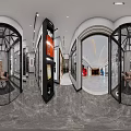 Elegant Modern Door Showroom Interior With Glass Displays Marble Floors And Lighting Fixtures
