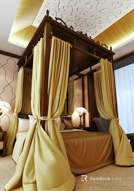 Traditional Canopy Double Bed Bedroom Interior With Yellow Drapes Patterned Walls And Table Lamps 3d model 