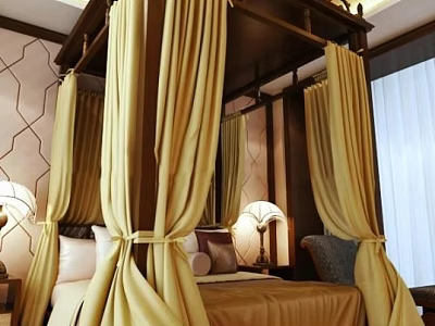Traditional Canopy Double Bed Bedroom Interior With Yellow Drapes Patterned Walls And Table Lamps 3d model