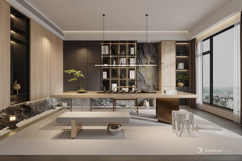 Modern Tea Room Interior With Long Table Greenery And Scenic Windows 3d model