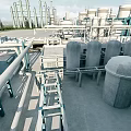 Industrial Plant Exterior Featuring Metal Pipes Storage Tanks And Platform Structures