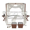 Four Poster Double Bed with White Canopy Bedding Pillows Side Stools and Lamps