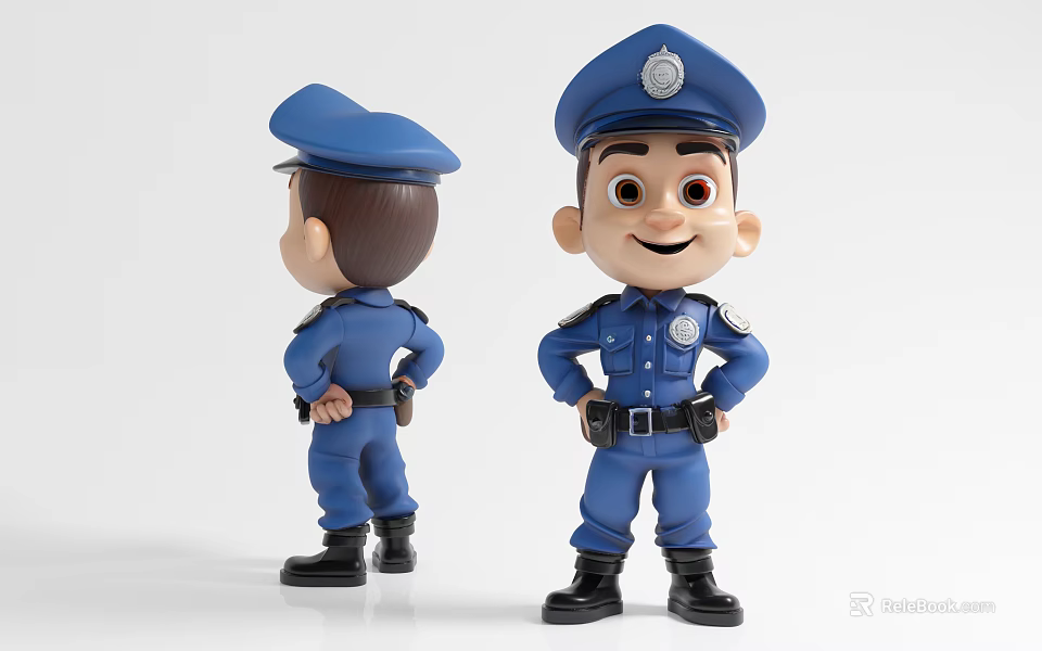 Game Movie Police Character Action Figure In Blue Uniform With Badge Front Back Views 3d model 