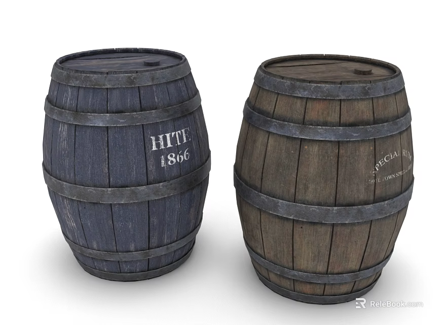 Decorative Ornament Set Two Vintage Wooden Barrels Different Colors Blue Brown With HITTE LAGER Labels 3d model 