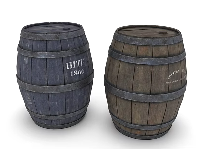 Decorative Ornament Set Two Vintage Wooden Barrels Different Colors Blue Brown With HITTE LAGER Labels 3d model