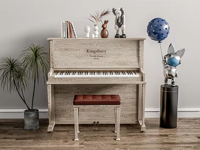 White Kingsbury Piano With Red Cushion Stool Potted Plant And Decorative Statues On Wooden Floor 3d model