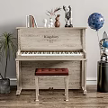 White Kingsbury Piano With Red Cushion Stool Potted Plant And Decorative Statues On Wooden Floor