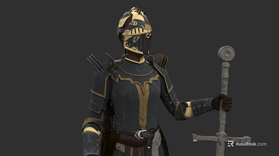 Fantasy Game Warrior Character With Gold Black Armor And Decorative Helmet Holding Sword 3d model 