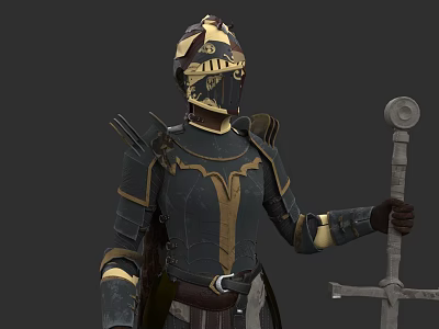 Fantasy Game Warrior Character With Gold Black Armor And Decorative Helmet Holding Sword 3d model