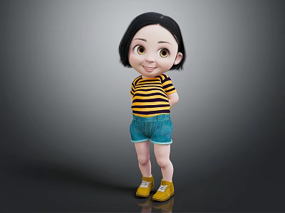 Stylish Cartoon Girl Character With Short Black Hair Striped Shirt Denim Shorts And Yellow Shoes 3d model