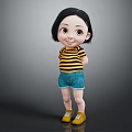 Stylish Cartoon Girl Character With Short Black Hair Striped Shirt Denim Shorts And Yellow Shoes