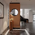 Modern Living Room Interior With Dining Table Chairs Pendant Lights And Piano