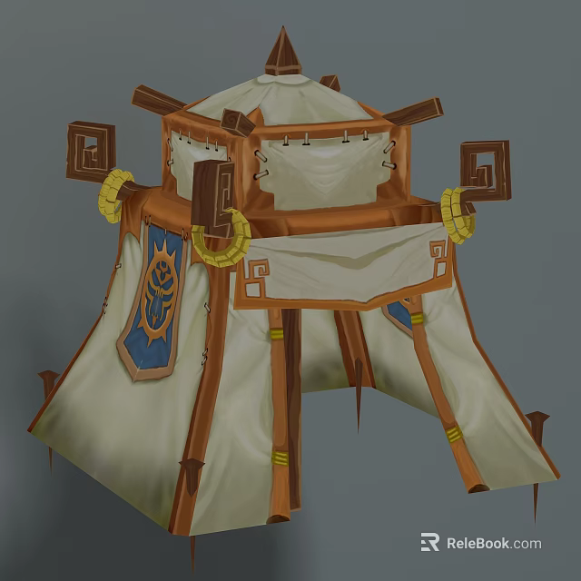 Game Movie Character Traditional Tent With Wooden Frame Fabric And Yellow Ropes 3d model 
