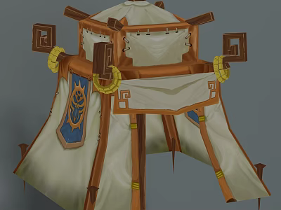 Game Movie Character Traditional Tent With Wooden Frame Fabric And Yellow Ropes 3d model