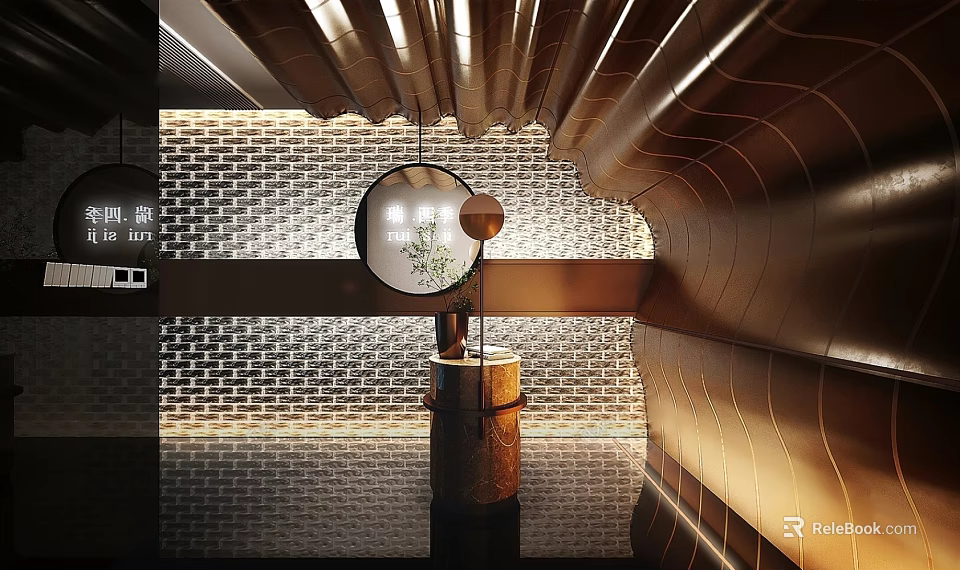 Modern Warm Tone Hotel Lobby Interior Design With Circular Mirror Brick Wall And Lighting 3d model 